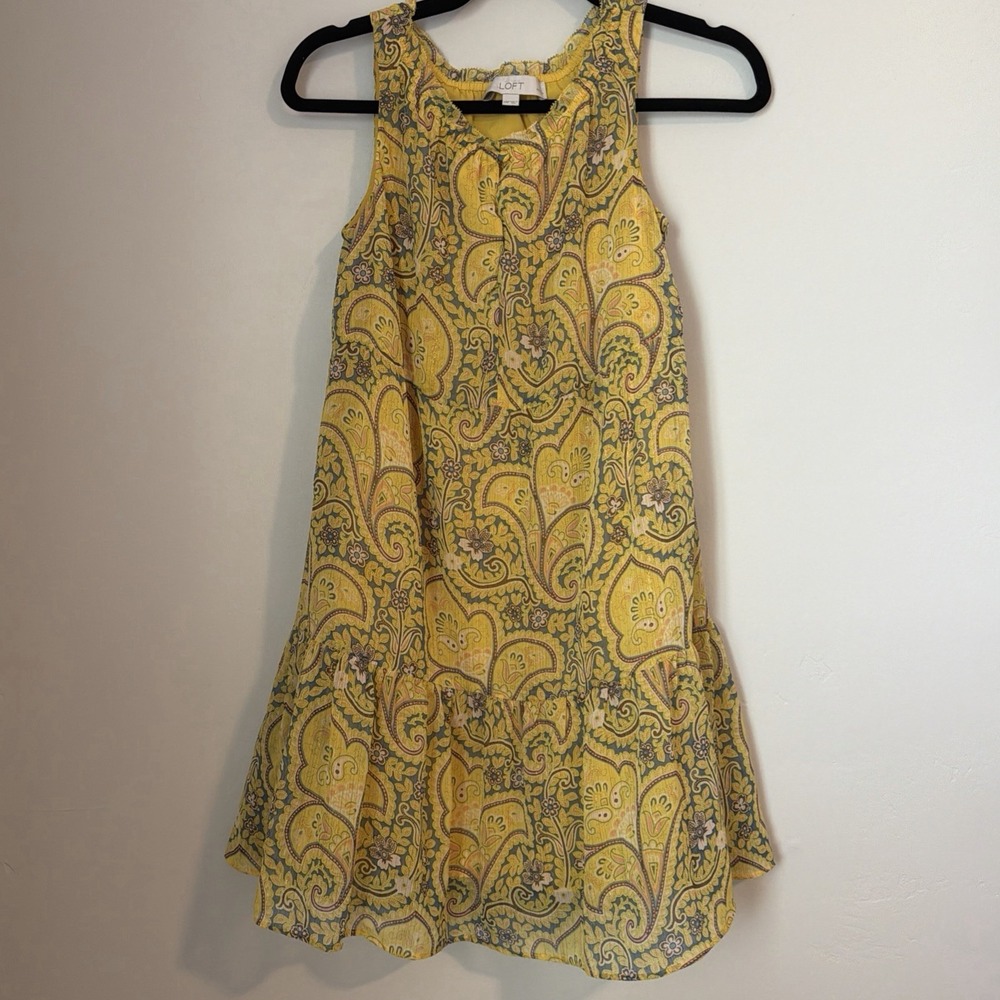 Loft Yellow Paisley Print Flounce Sleeveless Ruffled Dress XXSP